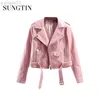 Sungtin veste en cuir PU femmes couleur Y2K nouvelle mode courte veste de motard en Faux cuir avec ceinture vêtements Cool dame L220801