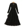 الربيع الخامس فستان من الدانتيل الدانتيل الأسود طويل الأكمام الصلبة لون الراين في منتصف كاليف
