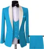 Trajes para hombre, Blazers para hombre, esmoquin para novio de boda azul cielo de verano, chaqueta Formal de 3 piezas, pantalones, chaleco, cuello chal para hombre