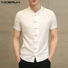 Incerun kinesisk stil traditionell skjorta män kort ärm vintage elegant fast färg smal casual klänning s kemis 220621