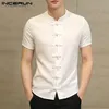 INCERUN Camicia tradizionale stile cinese da uomo manica corta vintage elegante tinta unita slim casual abito s Chemise 220621