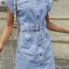 BerryGo Elegantes Sommerhemdkleid Kurzarm Bürofrauen Einreiher Gürtel Mini Blau Taschenarbeitskleid 220613