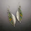 Bohemisk silverfärg metallgrön blad dinglar bröllop örhängen för kvinnor vintage stamm abstrakt färgglada sten dingle örhängen