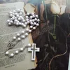 Collana con rosario bianco, lunghe perle acriliche, gioielli religiosi, con pendente a croce per uomo e donna