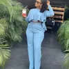 Elegant Work Wear Two Piece Set Fall Clothes for Women Ruffles Crop Top and Wide Leg Pants Suits Matching Sets Sexy Club Outfits W220331