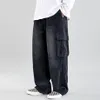 Corduroy byxor herr gamla skola multipocket last byxor män avslappnad tjock baggy rak elastisk wideleg svart pant126840710