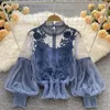 Kobiety damskie Bluzki Kobiety Kobiety Spring Autumn Long Rleeve Top Perspective Kalcing Vintage Dress White/Blue/Black/Purple Lantern Lace Court Styl22