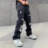 Erkek kot yırtılmış hip hop delik nakış erkekler Kore büyük boy düz siyah vibe denim pantolon gevşek harajuku retro jean pantolon