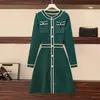 Casual Dresses Runway Designer Women Single Breasted tröja klänning Spring Autumn Green Plaid Sticking Bright Silk Vestido S-4xlcasual