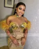 2022 Gold Schatz Perlen Feder Formelle Abendkleider Für Afrikanische Frauen High Neck Sweep Zug Plus Größe Prom Party Kleider robe De Marriage