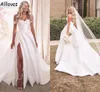 Blanc Satin A Line Robes de mari￩e sexy High Split Boho Garden Garden Bridal Cl0310