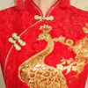 Abbigliamento etnico Abito da sposa cinese rosso Abito da donna lungo a maniche corte Cheongsam oro sottile tradizionale Qipao da donna per feste Etnico