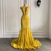 Partykleider Real Long Elegant Prom 2022 Ausgestattet Sheer O-Neck Mermaid Sparkly Pailletten Gelb African Black Girls Gala-KleiderParty