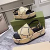 Mens Slides Women Sandals Platform New Designer Slide Beach Slippers Multicolor Canvas Linen Fabric Printing Straps Slipper Classic Sandals With Box NO380