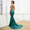 LOVELEMONADE Sexy vert col en V profond dos ouvert géométrie paillettes longue robe LM81225 220507