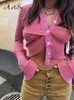 Artsu Cute Pink Kinited Cropped Women Y2k Ruched Crop Long Sleeve Camisole Top Winter Party Club Vintage 220809