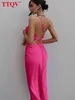 Ttqv sexig rem rosa satin klänning sommar ärmlös ihålig ut midi klänning kroppskondona lace-up backless party klänningar för kvinnor 2022 y220401