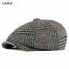 USPOP MEN CAPS WINTER BERETS PLAID WOOL BERET HAT MALE VINTAGE VISOR CAPS TICK WAR HAT J220722