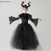 Flickor halloween ond häxa svart klänning tutu klänning med fjäder sjal viktorianska barn mörk drottning skurk cosplay fancy costume 220817