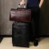 Koffer, 100 % echtes Leder, Reisegepäck mit Handtasche, Herrenkopf, Rindsleder, Universalrad, Krokodilmuster, Koffer, 20-Zoll-Boarding-Koffer