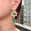 CWWZircon Luxury Big Green Water Drop Leaf Flower Cubic Zirconia Stone Women Party Orecchini lunghi per gioielli da ballo di nozze CZ925