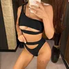 Damenbadebekleidung Sexy Bauchausschnitt Weiblicher Badeanzug Hohe Taille Bandage Einzelne Schulter Bikini Set Frauen Solide Zweiteilige Badende
