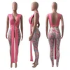 Venda Por Atacado Mulheres Tracksuits Malha Dois Peça Set Deep V Neck Bandage Cavidade Out Tops + Imprimir Calças Correspondência Conjunto Sexy Ver através da Night Club Wear Bulk 7319