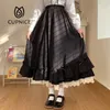 CUPNICE Japon Katı Renk Çift Katmanlı Vintage Fransız Ruffled A-Line Etek Hepburn Stil Siyah Yarım Kadın Uzun 220317