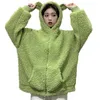 Kvinnors hoodies tröjor Autumn Winter Women Green Beige Zip-up Sweatshirt Kawaii Fleece Faux päls långärmad huvtrav nallebjörn öron så
