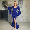 2022 Royal blue Sequins Mermaid Evening Dresses Long Sleeves Front Slit Party Night Gala Dress Formal Party Gown Occasion Prom Dress B0418