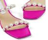 Newst Summer Luxury Design Amara Sandaler Nappa Leather Shoes for Women Pearl Embelling Strap Block Heels Mules Lady Walking Slip On Tistles