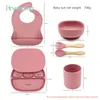 6pcs/set Baby Feeding Silicone Tableware Waterproof Bib Solid Color Dinner Plate A Free Sucker Bowl And Spoon For Children 220414