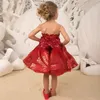 2022 laço vermelho flor meninas vestidos para casamentos jóia pescoço princesa cetim lantejoulas alta baixa meninas pageant vestidos com arco 4171726