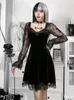 Goth escuro veludo gótico estética vintage vestidos femininos rendas retalhos grunge vestido preto manga longa a linha outono partywear 220409