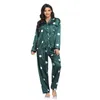 Outono Mulheres Mulheres Seda Silk Pijama Set senhoras Manga Longa Camisa Top + Calças Bottoms Pajama Homewear Sleadwear PJ S 220329