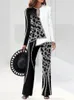 Spring Women Fashion Splicing Två Piece Sats Elegant Pullover Toppar + Wide Ben Byxor Passar Leopard Print Lady Outfits 220315