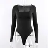 Kvinnor Body Streetwear Drop ForeFair Sexig Bodycon Bodysuit långärmad fyrkantig nacke mantel Crotch Basic Black Overalls Top 220801