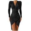 Casual Dresses Sexy Glitter Sequins Evening For Women Long Sleeve Irregular Dinner Banquet Dress Deep V-neck Sheath Wrap Robes VestidosCasua