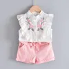 Beer leider zomer casual kinderen sets chiffon bloemen blauwe t-shirt broek meisjes kleding kinderen ingesteld voor 3-7 jaar 220326