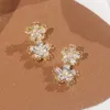 Dingle ljuskrona koreanska säljande modesmycken 14k real guld pläterad koppar inlagd cz zirkonörhängen eleganta dubbla blommor kvinnor örhänge