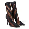 2022 Echt lederen Stiletto Hoge Hakken Schoenen Enkle Boot Half Booties Pilmen Pointed tenen Hollowed Out Satin Knee Catwalk Trouw Mix Color Stretch Fabric Maat 34-44