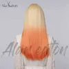 Wig Female Orange Gradient Qi Bangs Long Straight Wig Cosplay Party Lady 220527