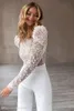 Novo macacão de casamento boho vestidos de noiva jóia gola renda apliques bohemian vestido de noiva calças longa de manga longa mantos de mariee