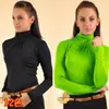 T-shirt das mulheres Mulheres feitas malha manga longa manga plissada franja magro Turtleneck Neon Camisas Vintage Tops Primavera Básico Tshirt