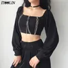 ITOOLIN Women Y2k Chains Tees Dark Black Gothic Zipped Top Sexy Off Shoulder T shirts Clubwear Long Sleeve Crop Tops Knit 220714