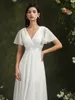 DHL Solid White Chiffon Loose Beach Summer Prom -jurken voor vrouwen Elegante Flare Short Sleeve Ribbon Belt Maxi Avond feestjurken Vestido