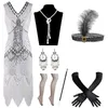 Flapper-Kleid für Damen im Stil der 1920er-Jahre mit Pailletten, Perlen, Quasten am Saum, Bühnenkleidung mit 20er-Jahre-Feder-Stirnband, langen Handschuhen, Ohrringen, Perlenkette, Zigarettenspitze, Set XS-4XL
