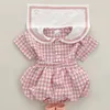 Summer Baby Baby Short Sandy Ubrania dla niemowląt dla dzieci Śliczne w kratę drukowane granatowe kołnierzyki krótkie 2pcs garnitur dla dzieci stroje 220608