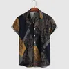 Men's Polos Summer Breathable Hawaiian Shirts Men Blue Floral Printed Short Sleeve Button Down Vacation Cotton And Linen Shirt Chemise Homme