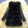 Hiver Nouvelle Arrivée Chaud Femmes Faux Manteau Avec PU Manches Haute Imitation Veste Noir Fourrure Survêtement T200506